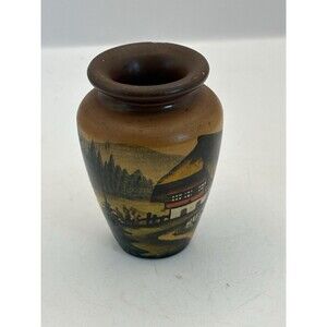 5" Wooden Hand Carved Vase w/ Hand Painted Mountain Scene German Signed